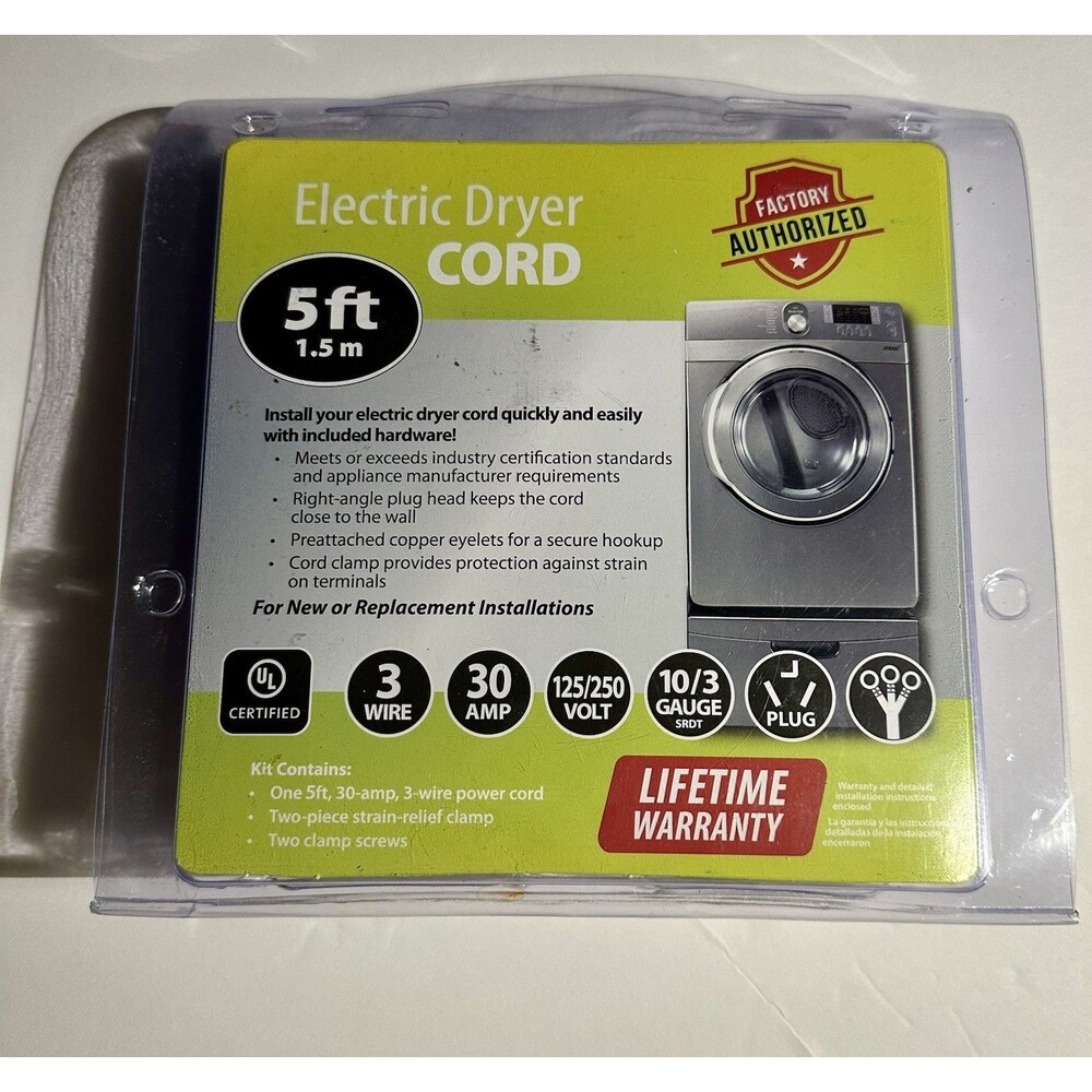 Factory Authorized 3 Prong, 5 foot, 3 wire, 30 AMP Universal Electric Dryer Cord